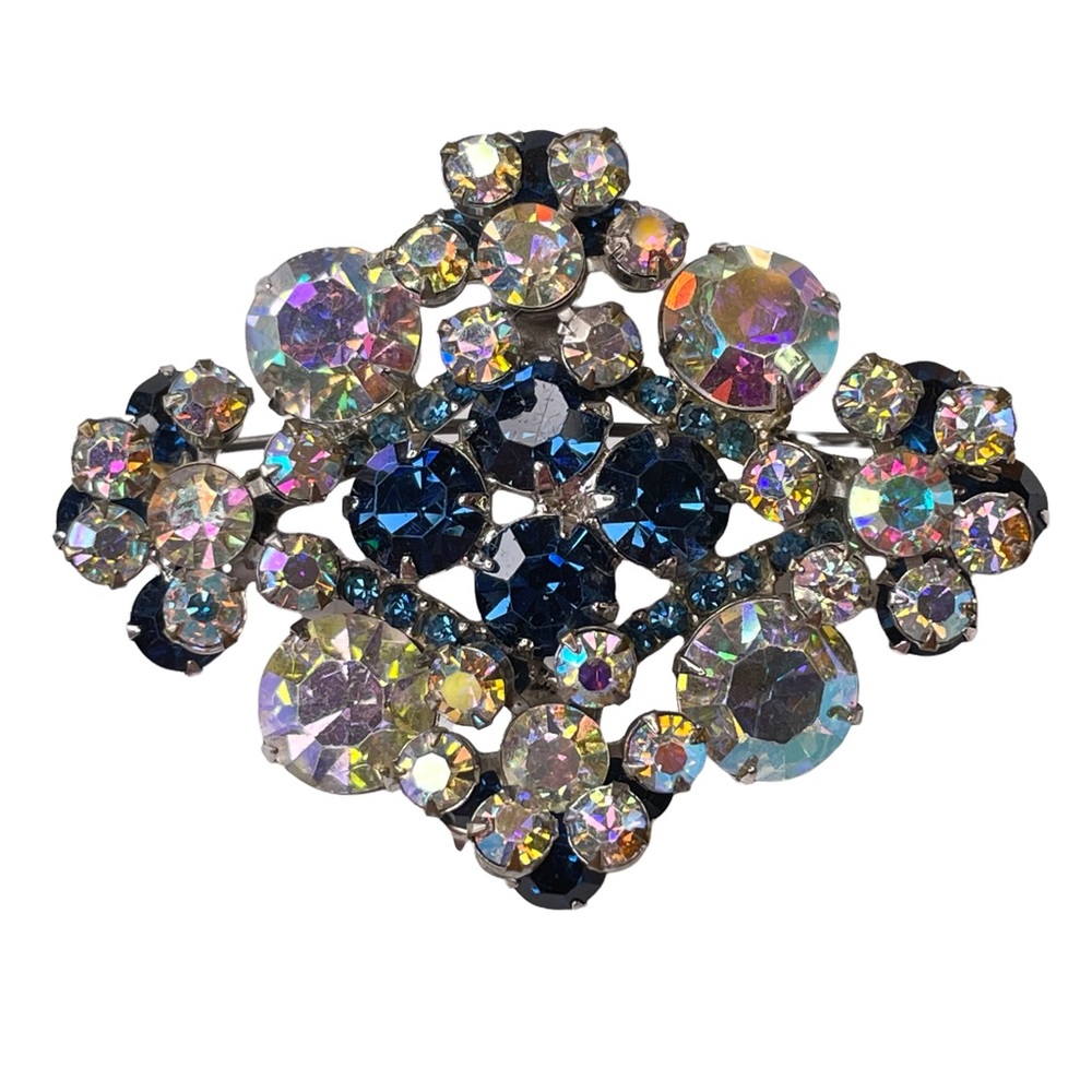 Juliana D&E Blue & Clear Crystal Brooch Pin Silver Tone Layered Vintage Verified
